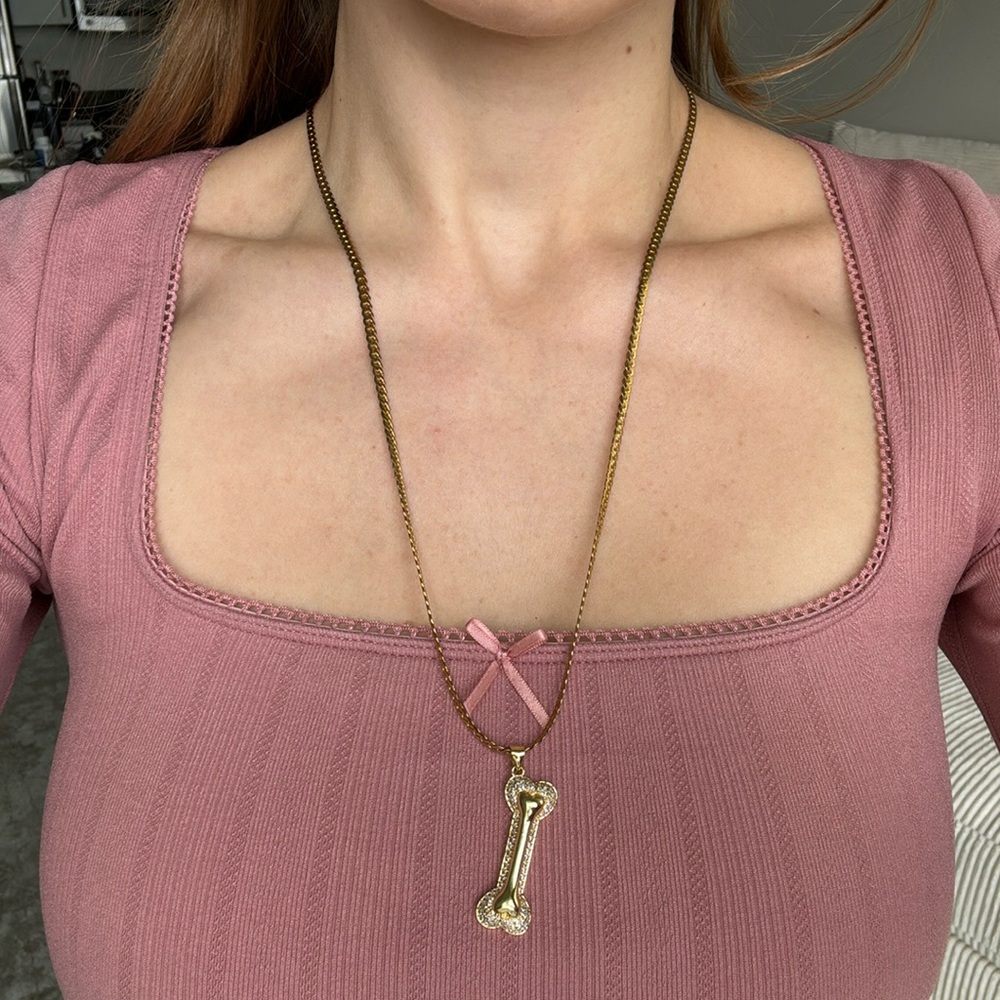 Long gold stainless steel dog bone necklace cz stones